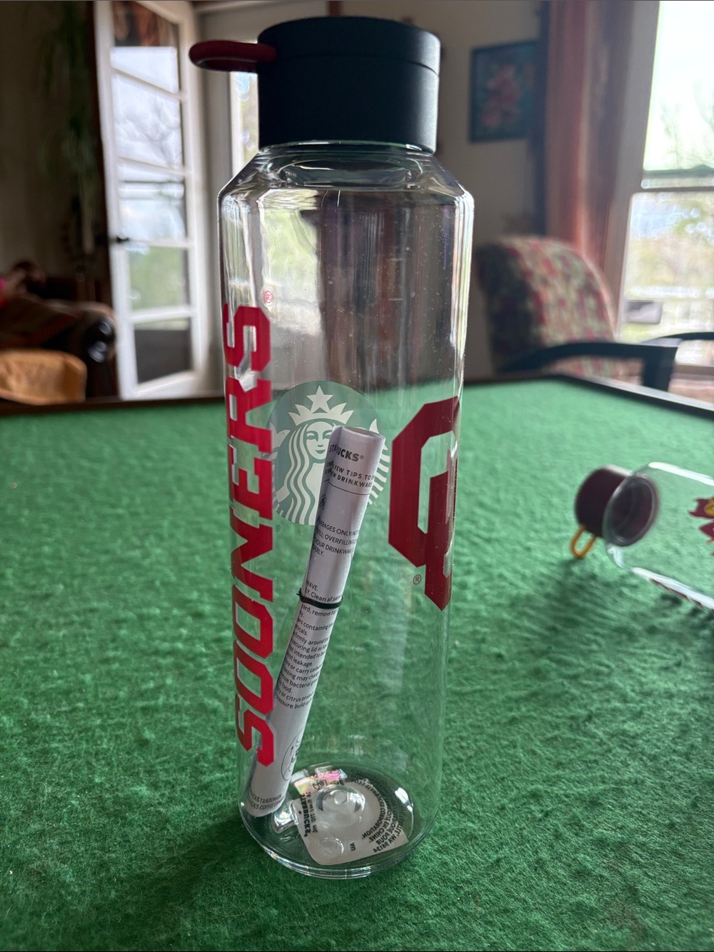 Starbucks Clear Water Bottle with Red Team Graphics and Black Lid